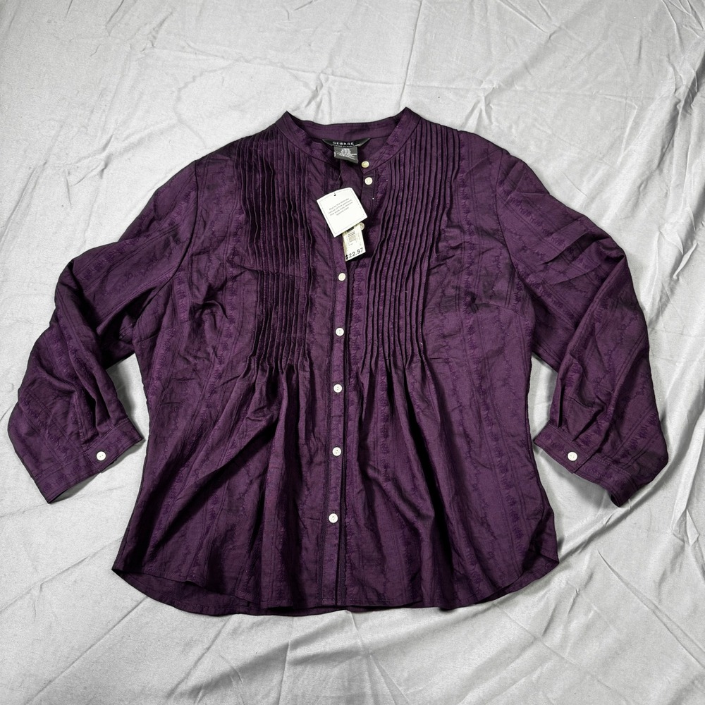 George ME Mark Eisen Purple Pintuck Blouse XL Dark Amethyst Button Down Top NWT